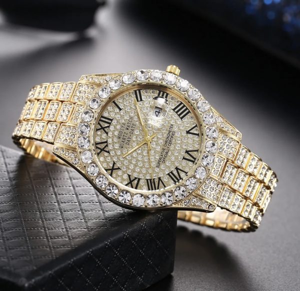 Net red rhinestone calendar full diamond face roman scale alloy steel band watch men's wholesale starry hip hop men's watch