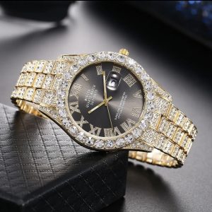 Net red rhinestone calendar full diamond face roman scale alloy steel band watch men's wholesale starry hip hop men's watch