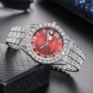 Net red rhinestone calendar full diamond face roman scale alloy steel band watch men's wholesale starry hip hop men's watch