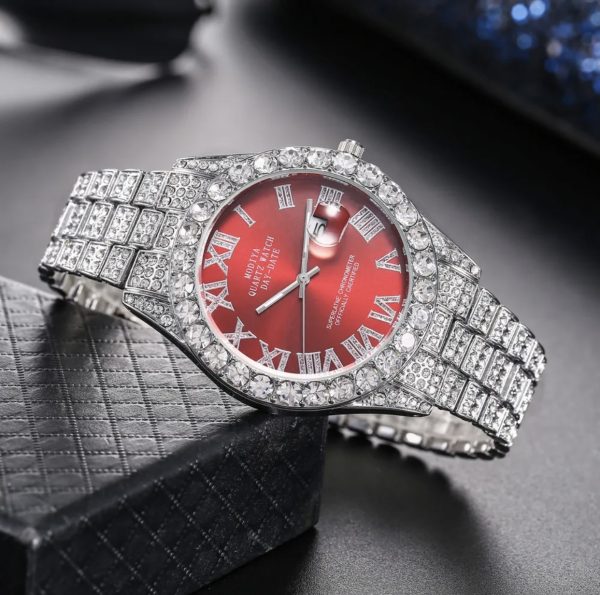Net red rhinestone calendar full diamond face roman scale alloy steel band watch men's wholesale starry hip hop men's watch - Image 6