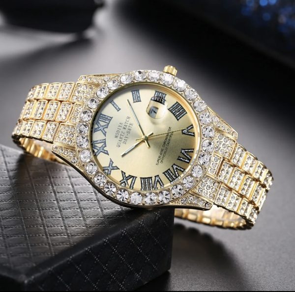 Net red rhinestone calendar full diamond face roman scale alloy steel band watch men's wholesale starry hip hop men's watch - Image 7