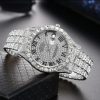 Net red rhinestone calendar full diamond face roman scale alloy steel band watch men's wholesale starry hip hop men's watch - White