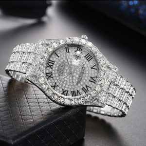 Net red rhinestone calendar full diamond face roman scale alloy steel band watch men's wholesale starry hip hop men's watch