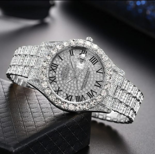 Net red rhinestone calendar full diamond face roman scale alloy steel band watch men's wholesale starry hip hop men's watch - Image 4