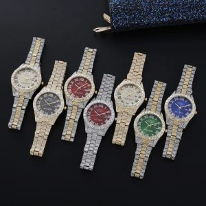 Net red rhinestone calendar full diamond face roman scale alloy steel band watch men's wholesale starry hip hop men's watch