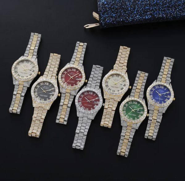 Net red rhinestone calendar full diamond face roman scale alloy steel band watch men's wholesale starry hip hop men's watch - Image 3