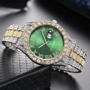 Net red rhinestone calendar full diamond face roman scale alloy steel band watch men's wholesale starry hip hop men's watch