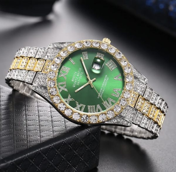 Net red rhinestone calendar full diamond face roman scale alloy steel band watch men's wholesale starry hip hop men's watch - Image 2