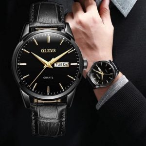 "Olevs 6898 Brown PU Leather Analoge Wrist Watch For Men - Black & Brown "