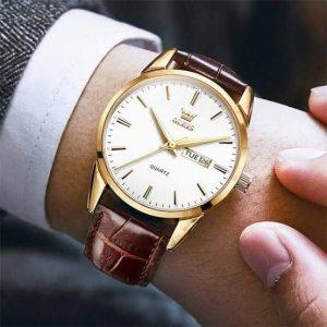 "Olevs 6898 Brown PU Leather Analoge Wrist Watch For Men - Black & Brown "
