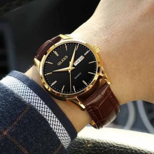 "Olevs 6898 Brown PU Leather Analoge Wrist Watch For Men - Black & Brown "